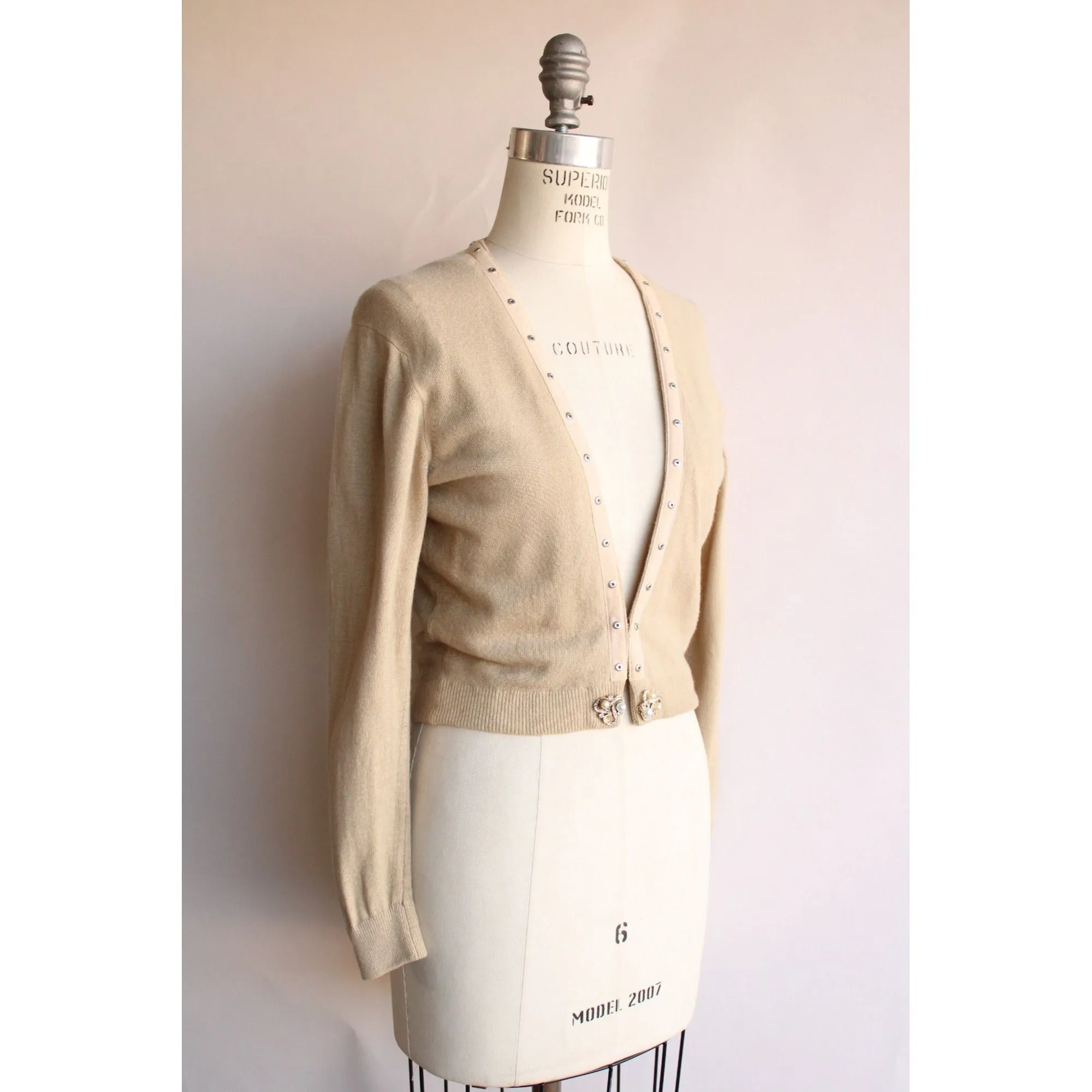 Vintage 1960s Beige Wool Angora Sweater with Rhinestones