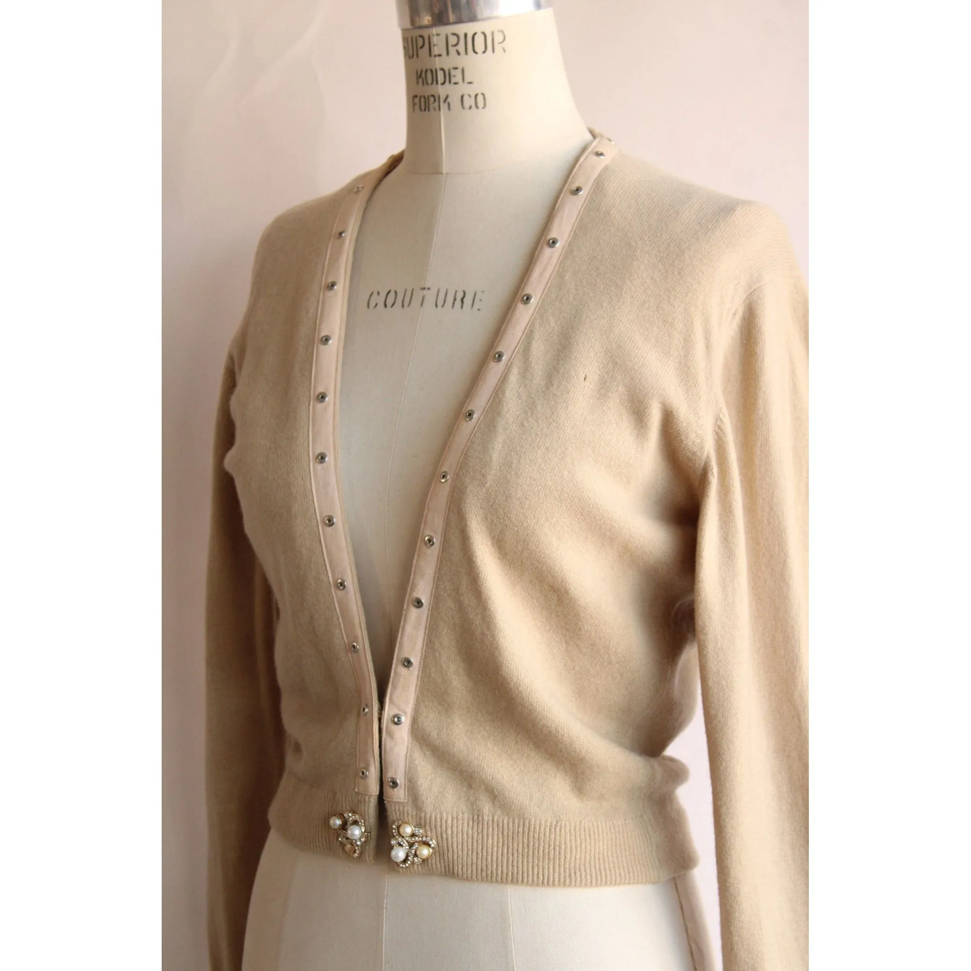 Vintage 1960s Beige Wool Angora Sweater with Rhinestones