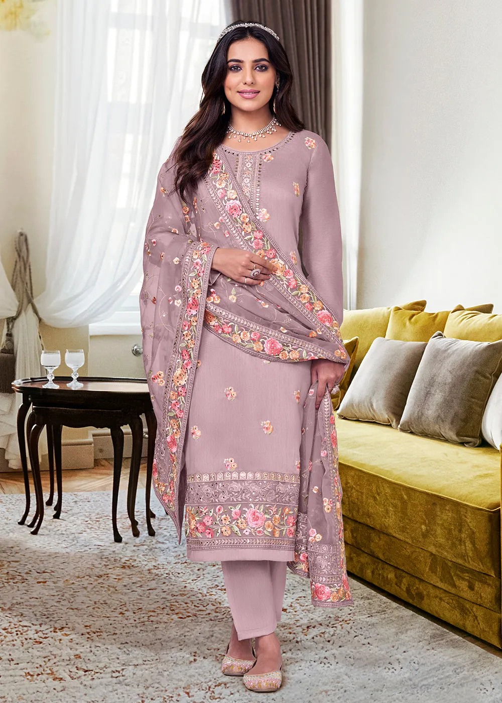 Viscose Silk Old Rose Purple Embroidered Salwar Kameez