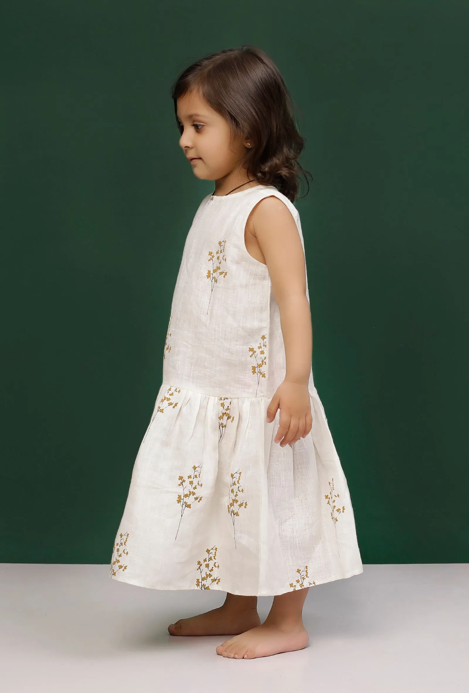 White Cotton Slub Block Printed Gathered Dress