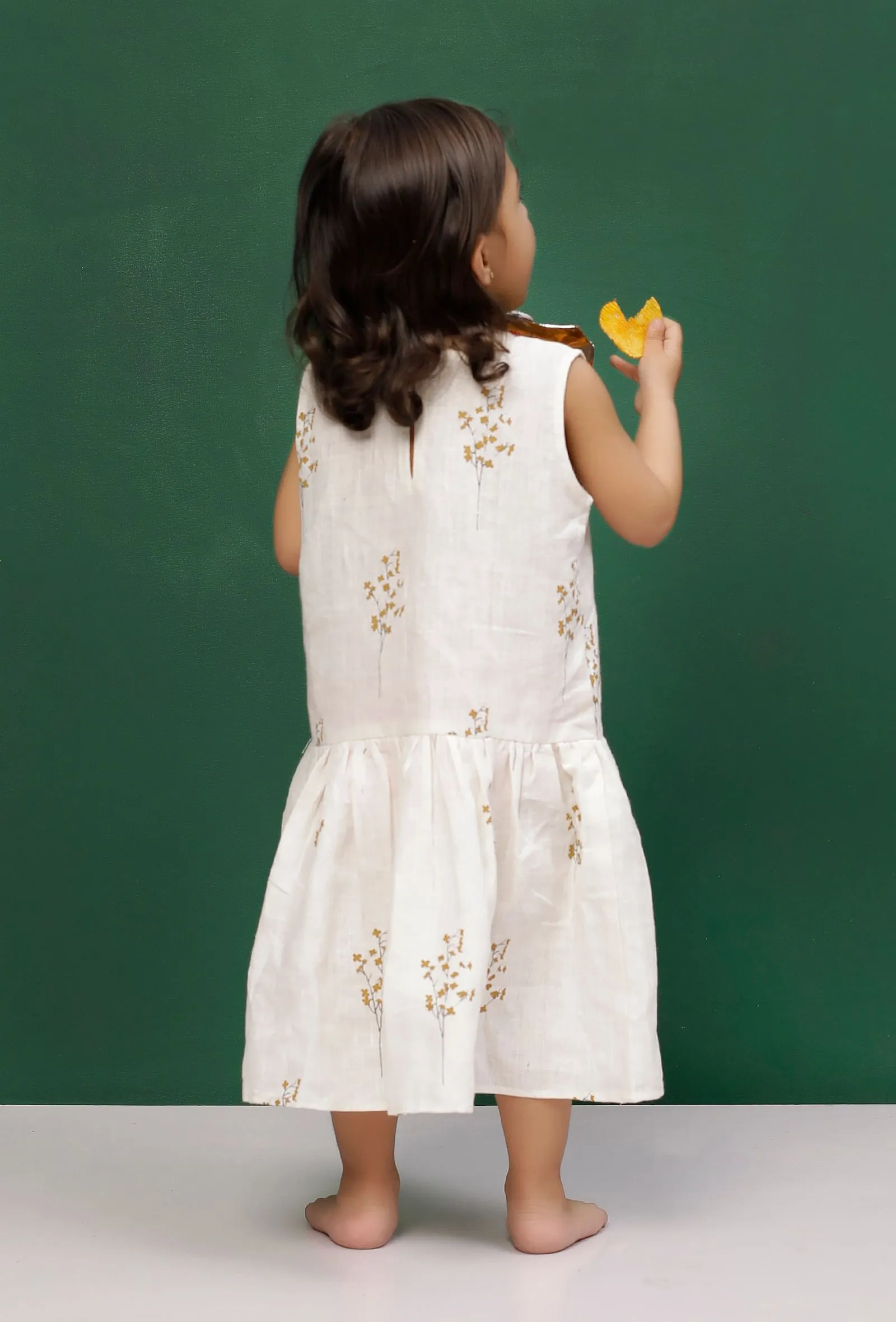 White Cotton Slub Block Printed Gathered Dress