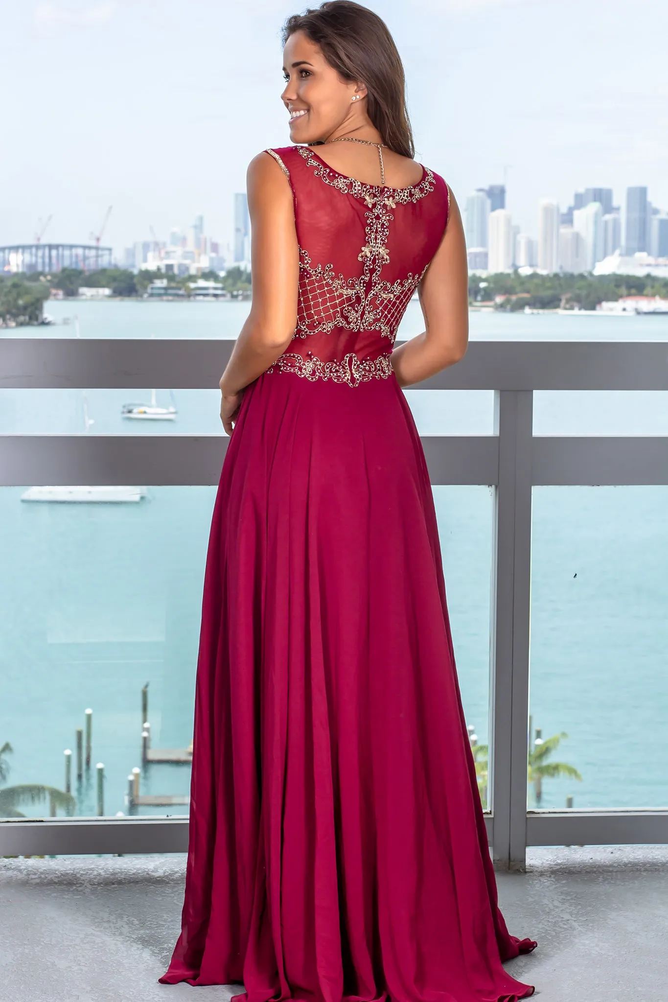 Wine Maxi Dress with Jewel Embroidered Top