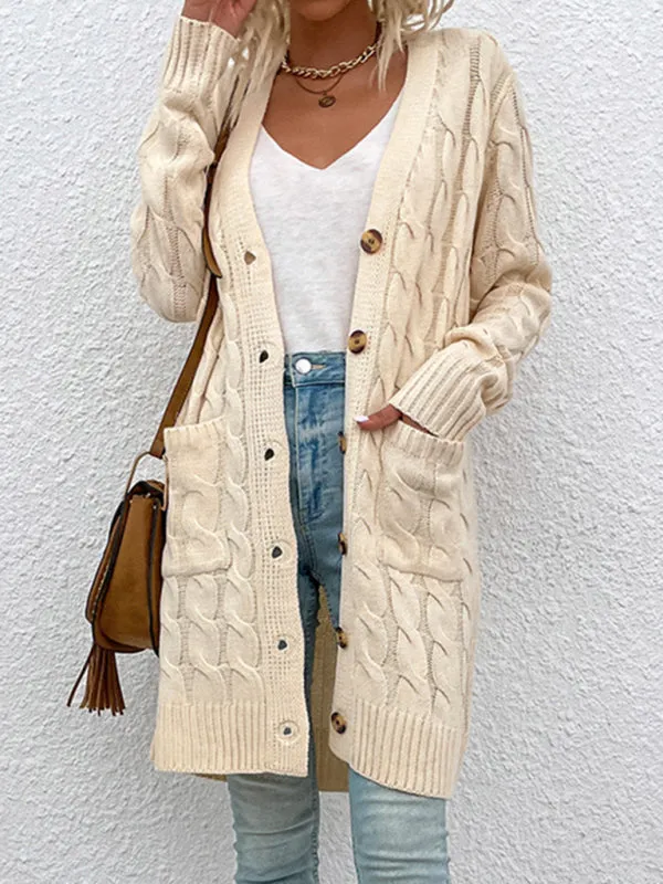 Women's Solid Colour Chunky Cable Knit Longline Button Front Cardigan