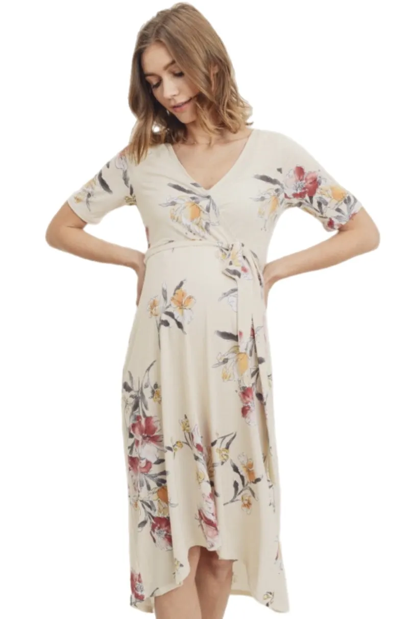 Wrap Maternity Nursing Dress Style 1623 in Nude Floral