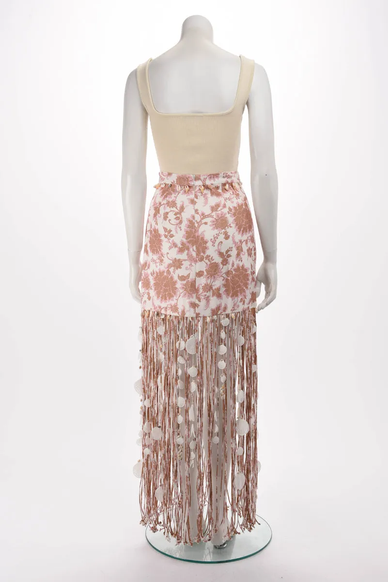 Zimmermann Tan Tonal Floral Postcard Fringed Skirt 0