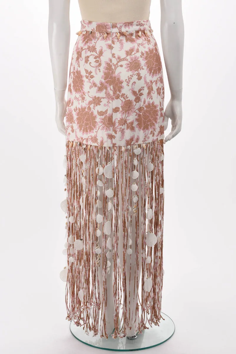 Zimmermann Tan Tonal Floral Postcard Fringed Skirt 0