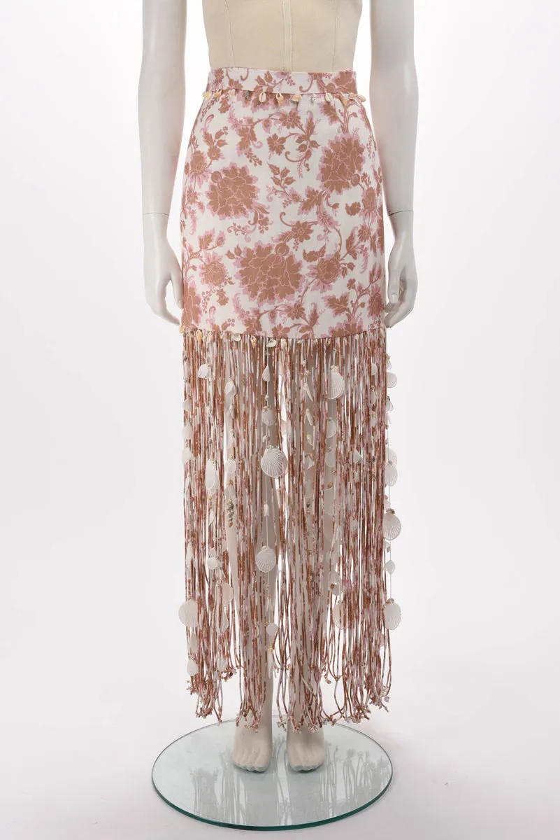 Zimmermann Tan Tonal Floral Postcard Fringed Skirt 0